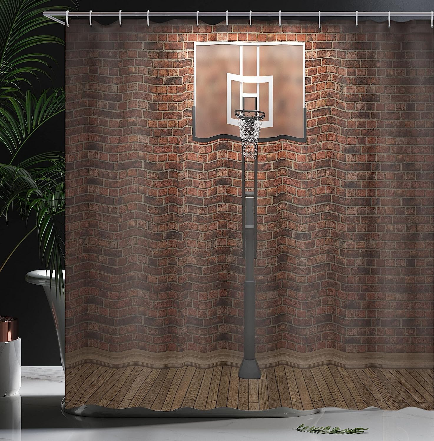 Old Brick Wall And Basketball Hoop Shower Curtain In Brown - Image 3