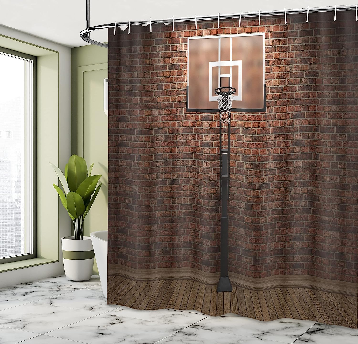 Old Brick Wall And Basketball Hoop Shower Curtain In Brown - Image 4
