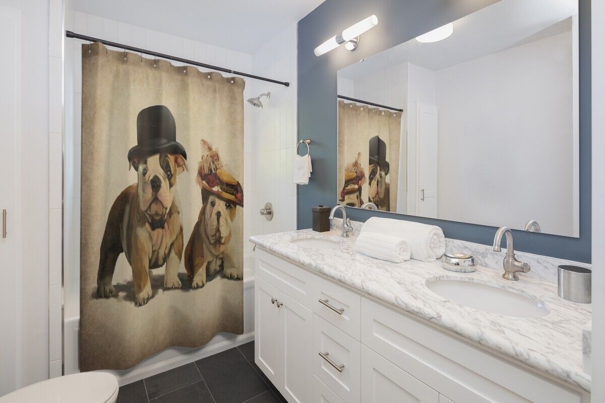 Old English Bulldog Fashion Couple Art Brown Bathroom Fabric Shower Curtain - Image 2