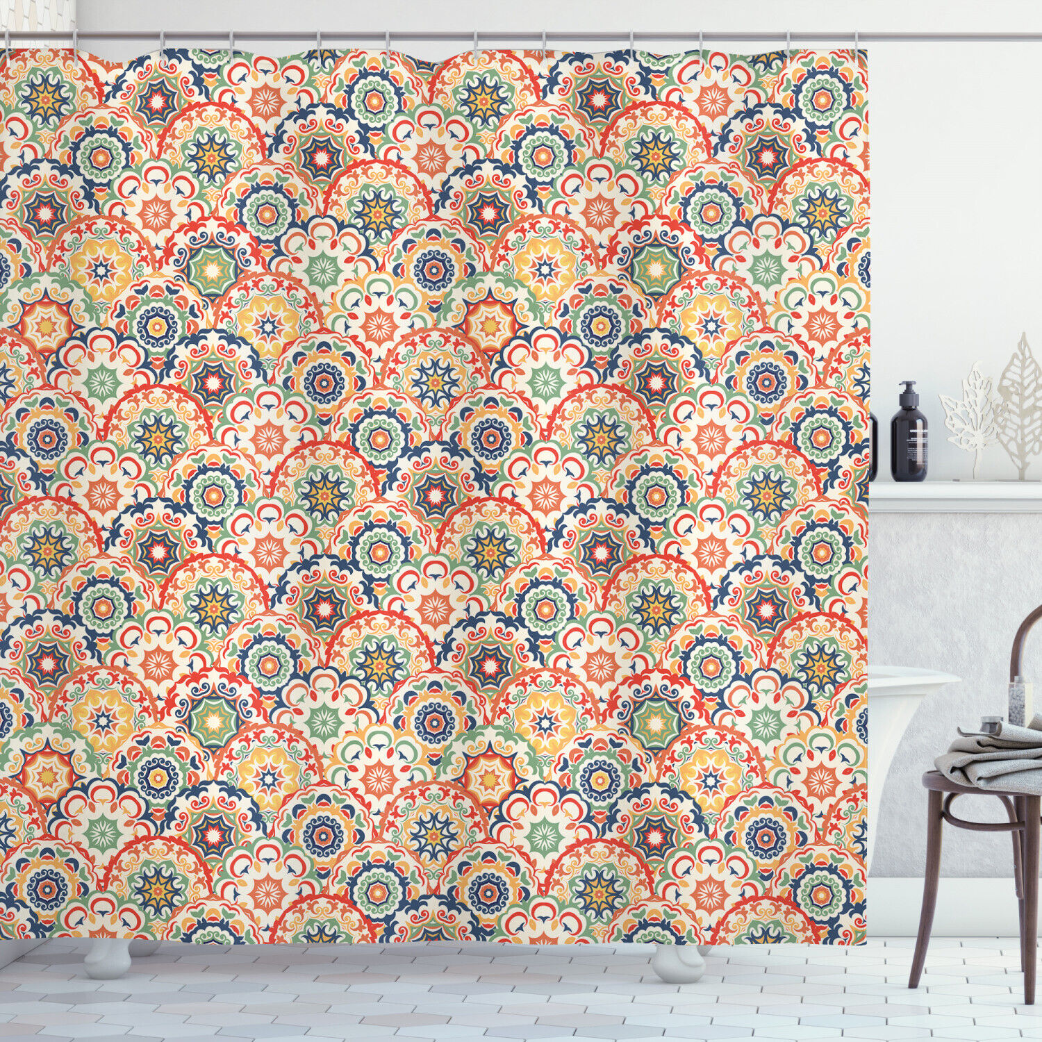 Old Fashioned Floral Display Geometric Pattern Shower Curtain For Modern Bathroom Decor