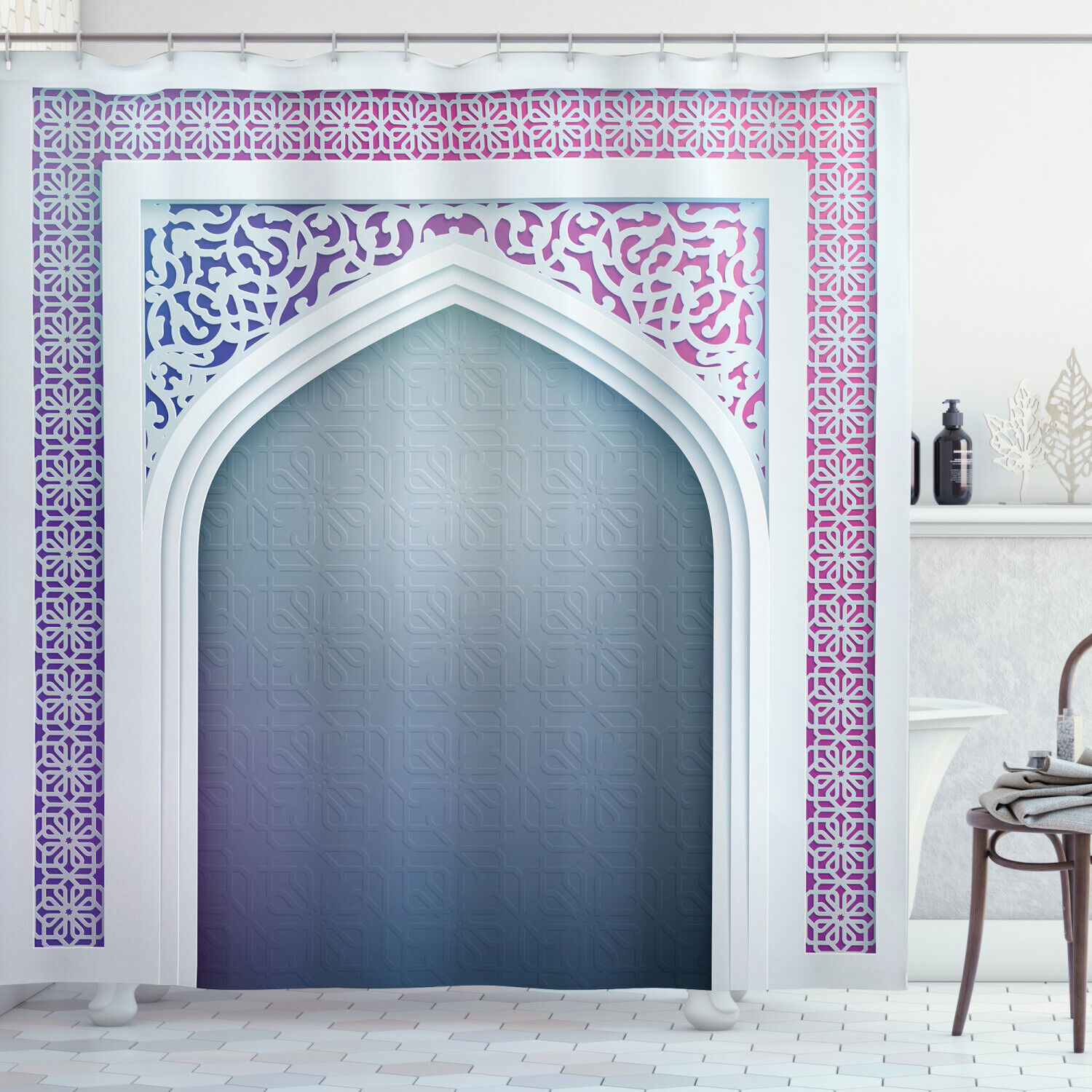 Old Geometric Motifs Print Shower Curtain For A Vintage Bathroom Remodel