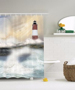 Old Lighthouse Ocean Full Moon Red and White Shower Curtain for Bathroom Decor