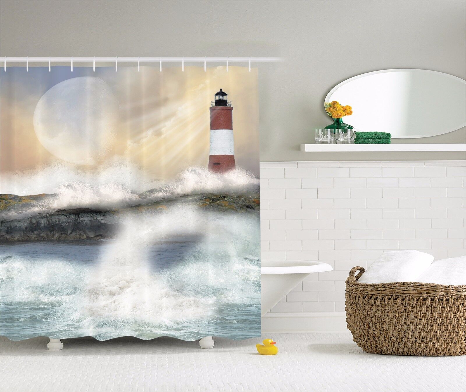 Old Lighthouse Ocean Full Moon Red and White Shower Curtain for Bathroom Decor