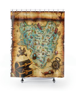 Old Map of Lost Treasure Waterproof Shower Curtain with Pirate Theme 
