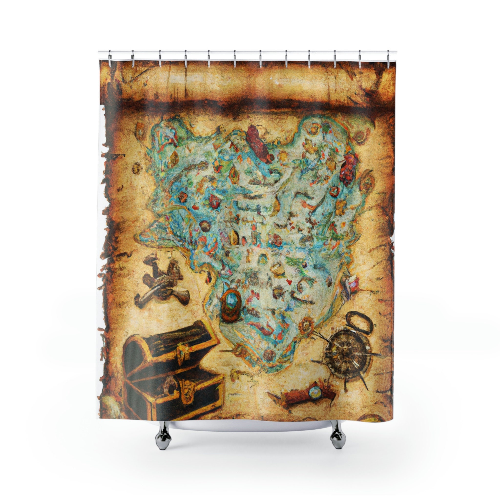 Old Map of Lost Treasure Waterproof Shower Curtain with Pirate Theme