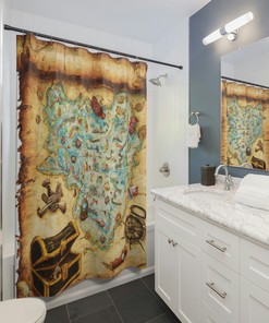 Old Map of Lost Treasure Waterproof Shower Curtain with Pirate Theme