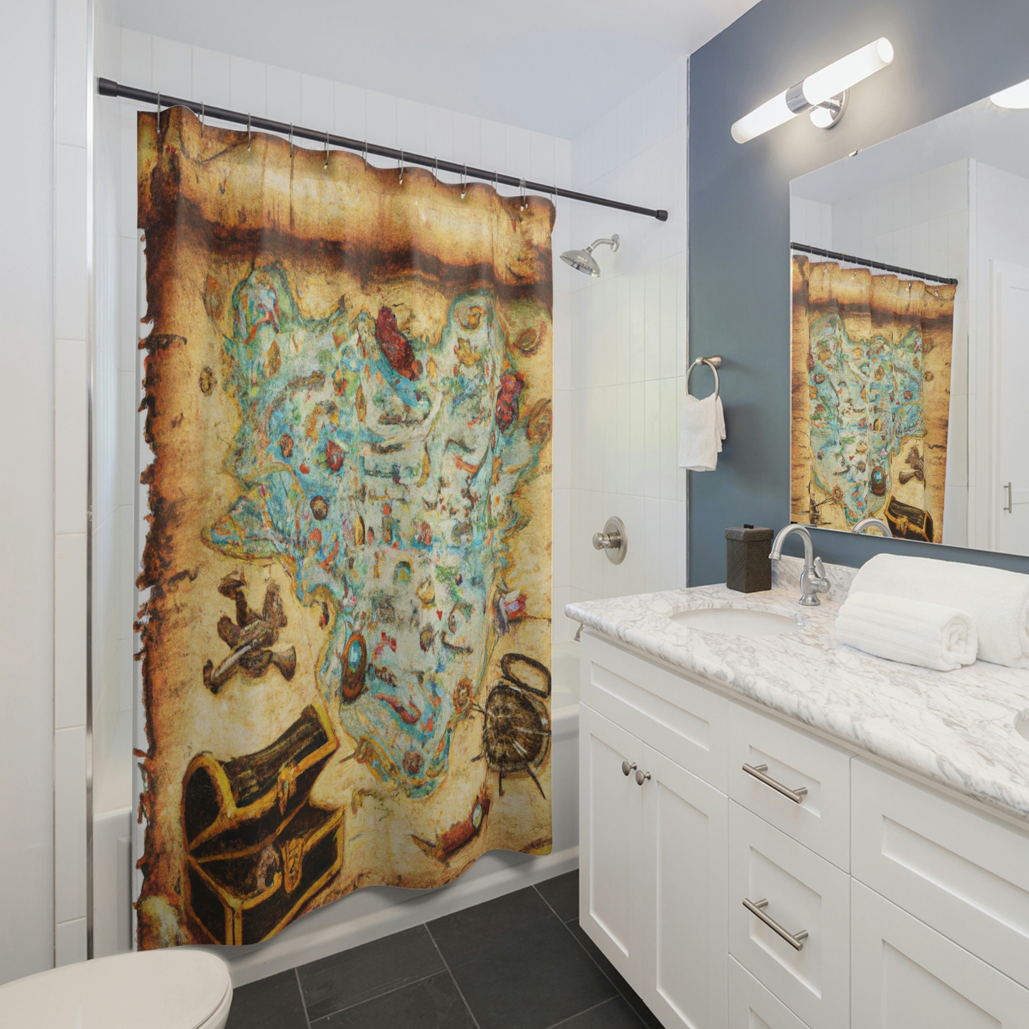 Old Map of Lost Treasure Waterproof Shower Curtain with Pirate Theme