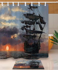Old Pirate Ship in Sea Fabric Shower Curtain Waterproof for Bathroom Decor - Unbranded