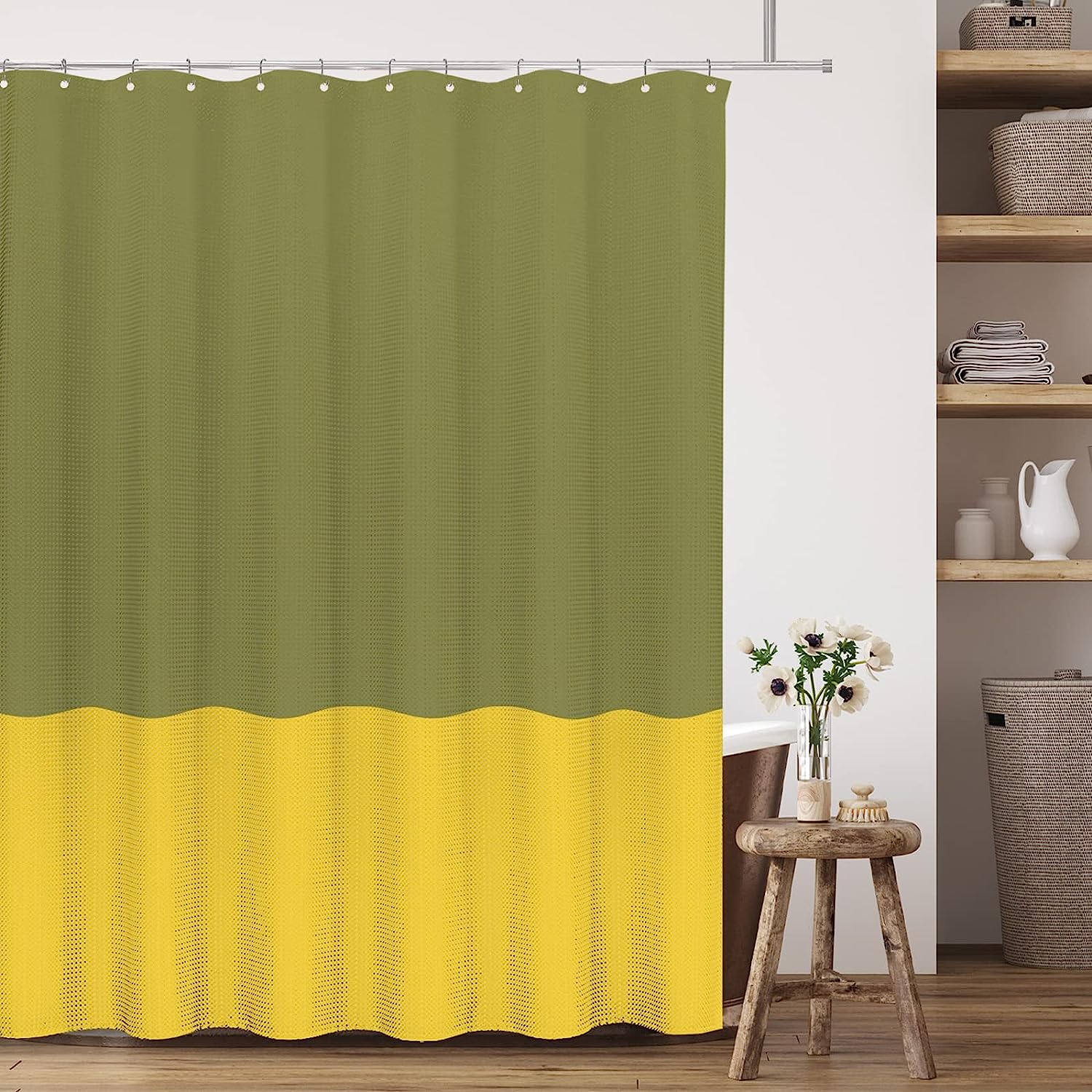 Olive Green Lemon Yellow Splicing Shower Curtain for Bold and Modern Bathroom Decor