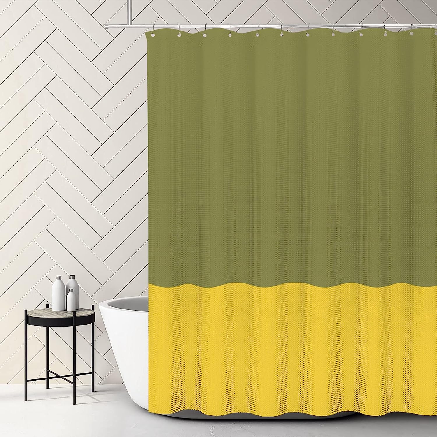 Olive Green Lemon Yellow Splicing Shower Curtain for Bold and Modern Bathroom Decor