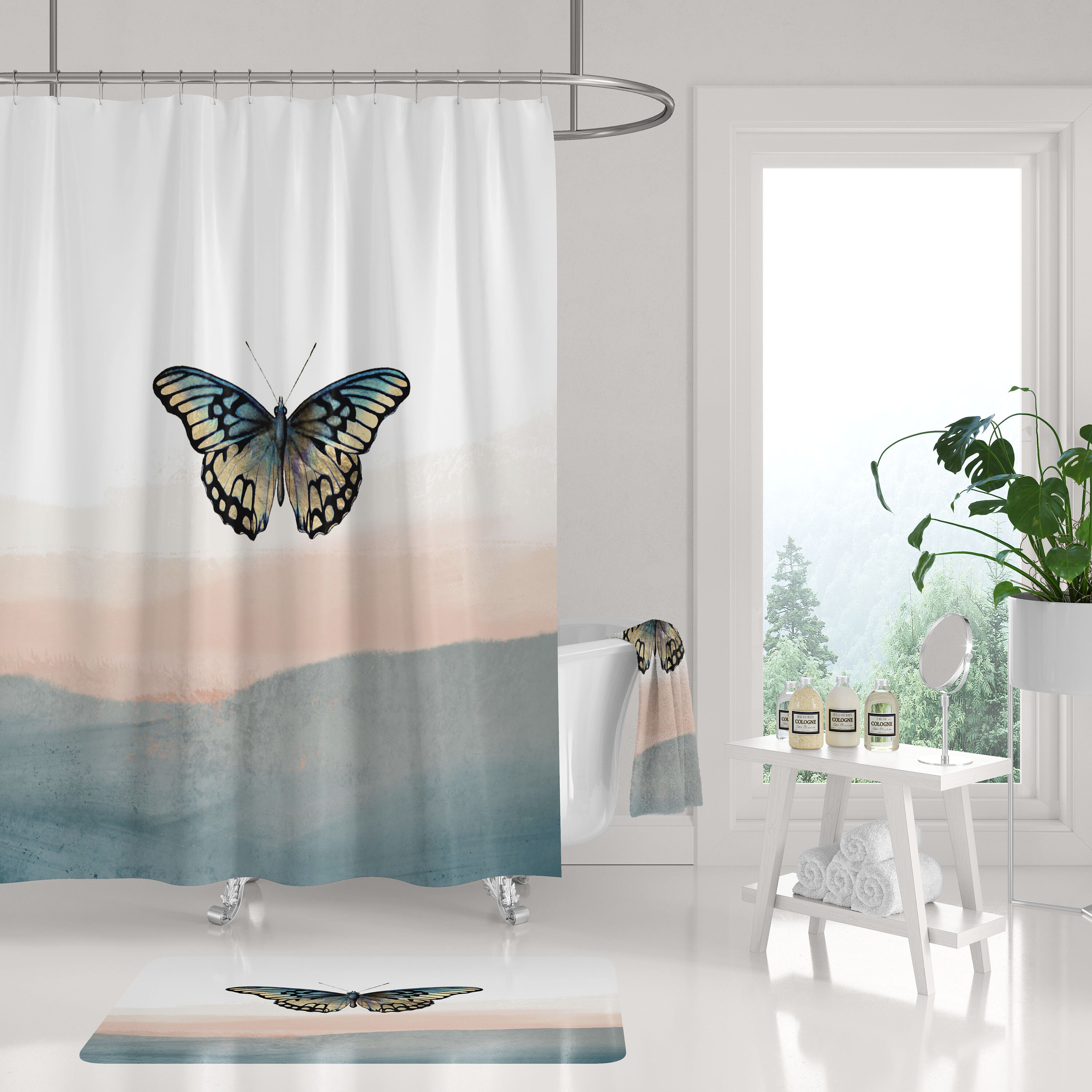 Ombre Butterfly Boho Shower Curtain with Gradient Colors for Bathroom Decor
