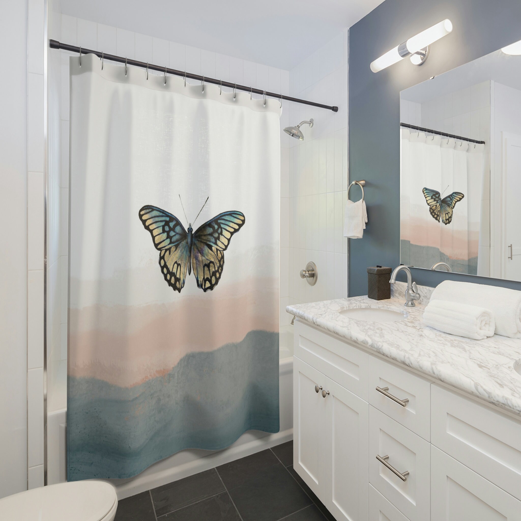 Ombre Butterfly Boho Shower Curtain with Gradient Colors for Bathroom Decor