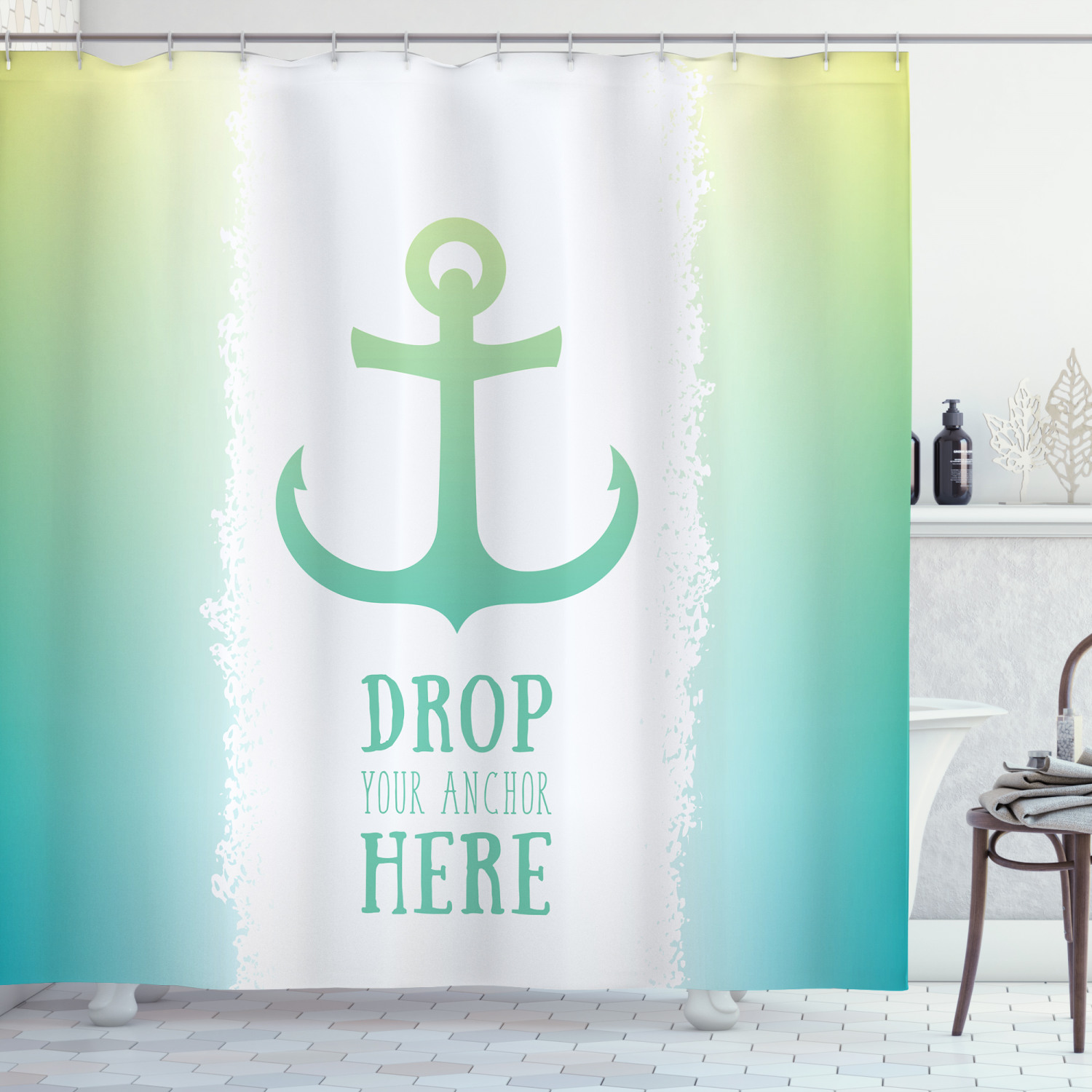 Ombre Green Anchor Ocean Printed Shower Curtain For Nautical Bathroom Vibes - Image 3
