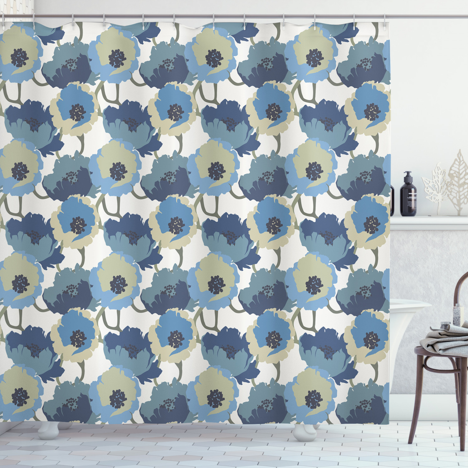 Ombre Romantic Flowers Print Shower Curtain With Elegant Design