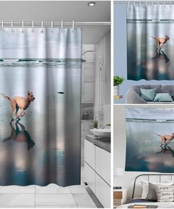 On The Beach Theme Running Dog Funny Shower Curtain Bathroom Decor