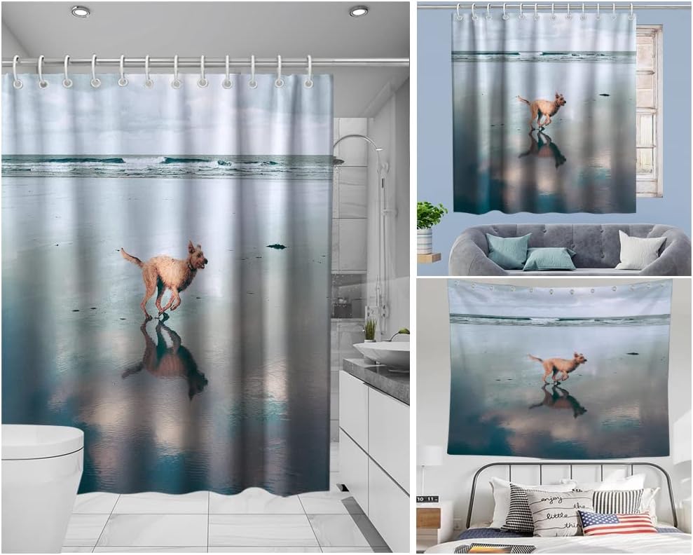 On The Beach Theme Running Dog Funny Shower Curtain Bathroom Decor