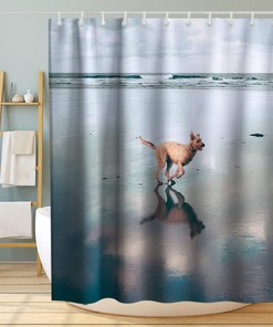 On The Beach Theme Running Dog Funny Shower Curtain Bathroom Decor