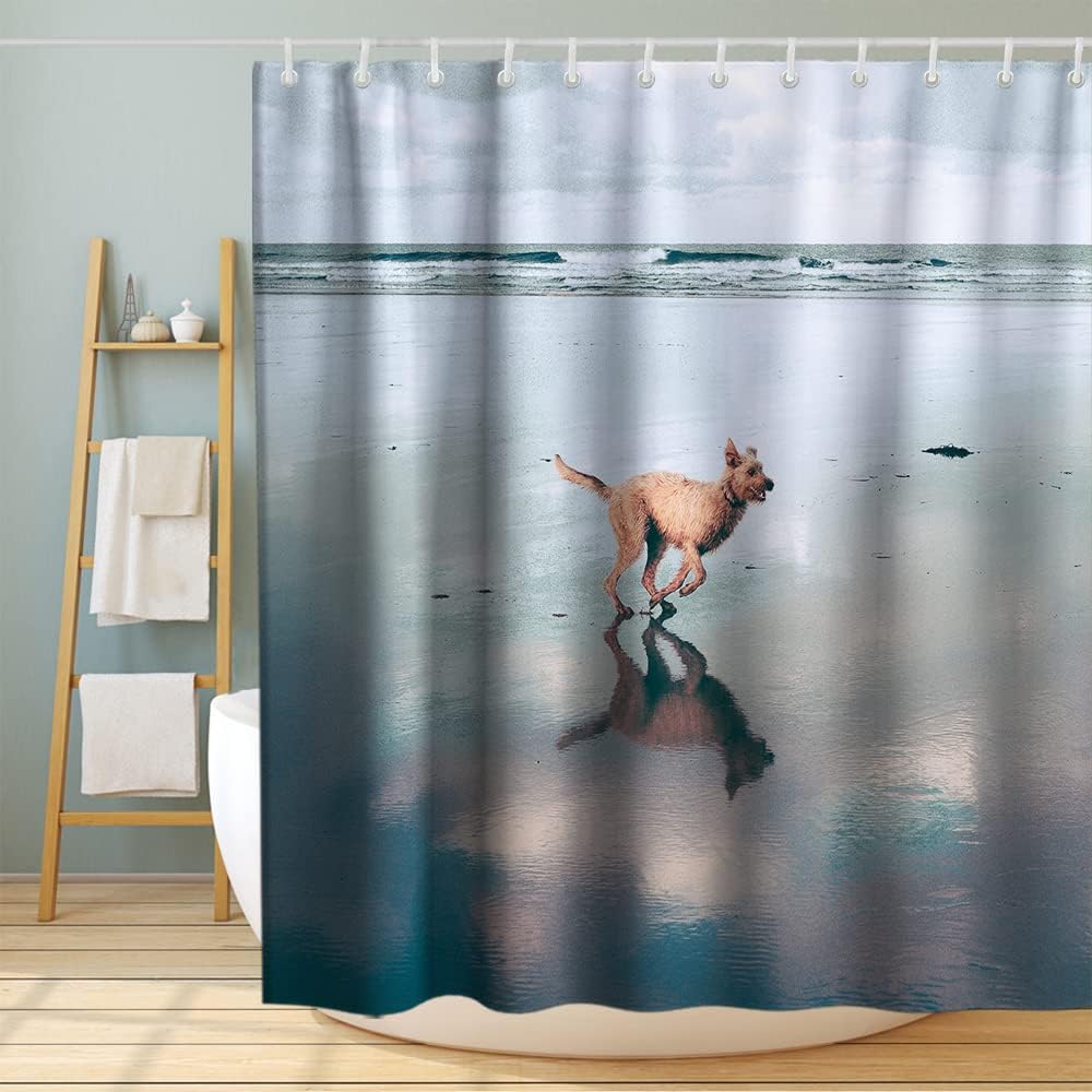 On The Beach Theme Running Dog Funny Shower Curtain Bathroom Decor