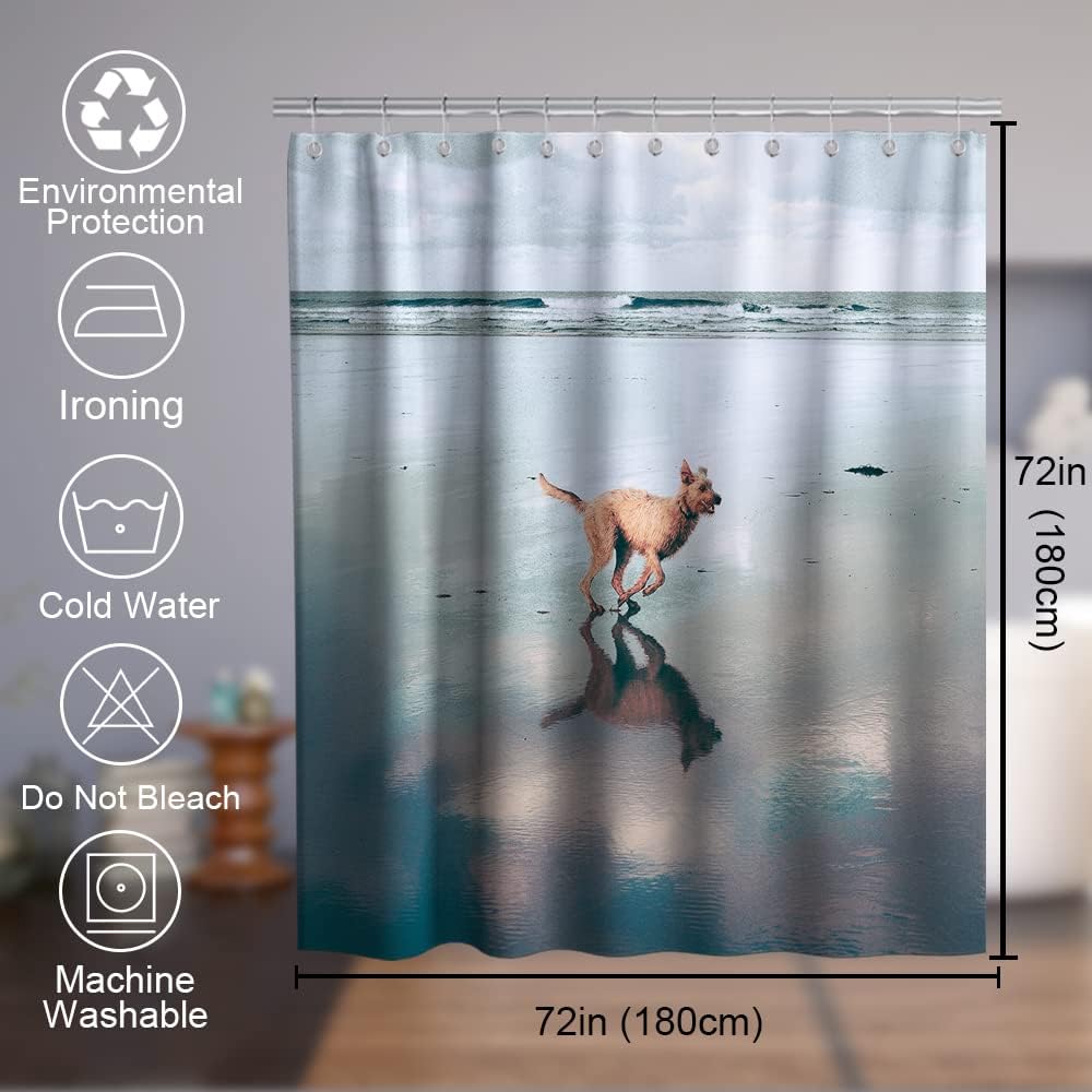 On The Beach Theme Running Dog Funny Shower Curtain Bathroom Decor