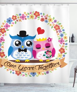 One Year Together Quote Print Owl Shower Curtain for Romantic Bathroom Decor