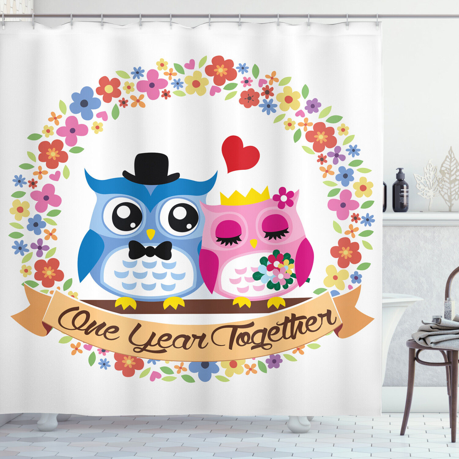 One Year Together Quote Print Owl Shower Curtain for Romantic Bathroom Decor