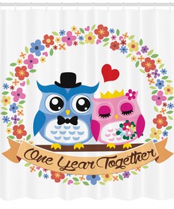 One Year Together Quote Print Owl Shower Curtain for Romantic Bathroom Decor