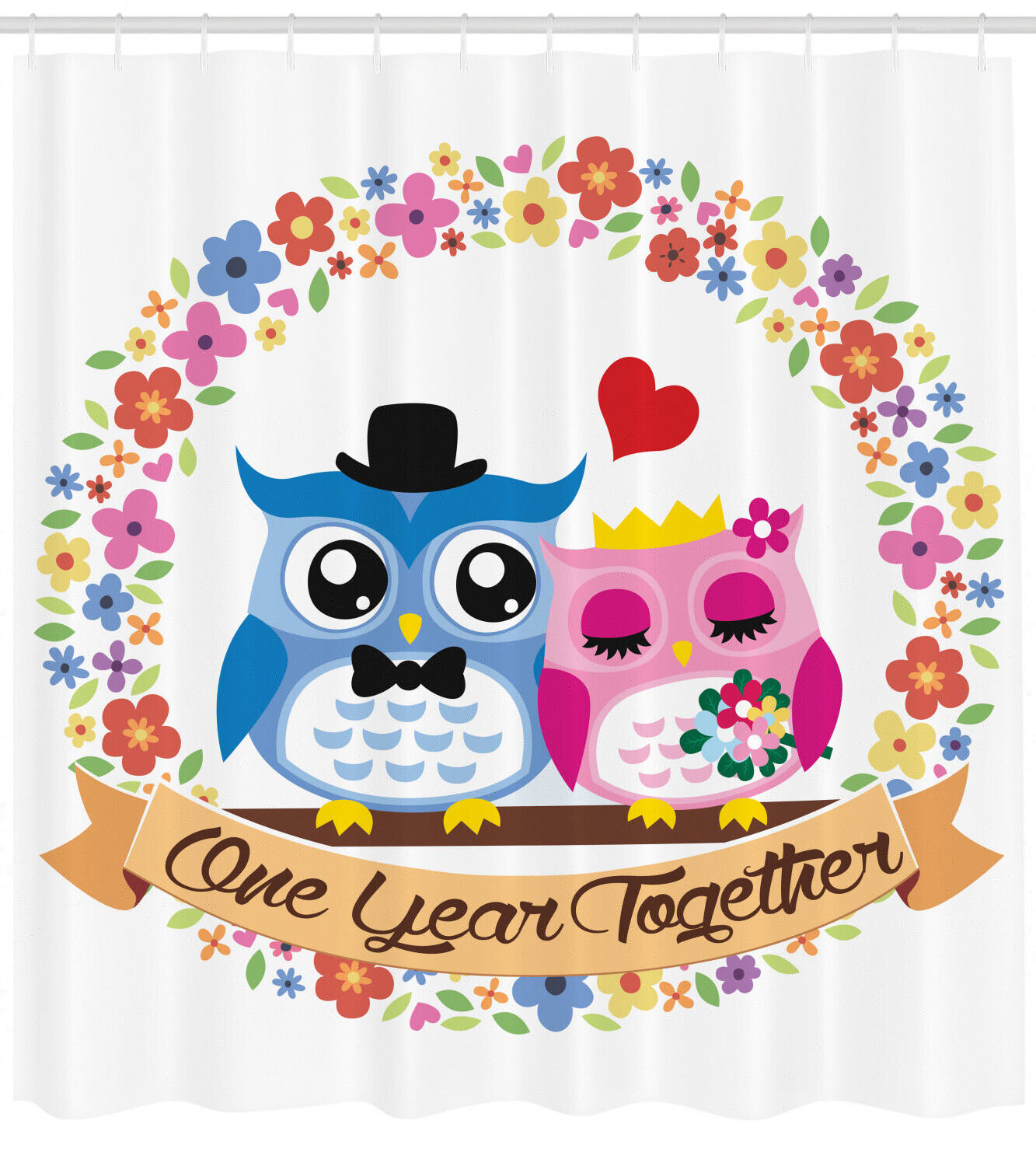 One Year Together Quote Print Owl Shower Curtain for Romantic Bathroom Decor