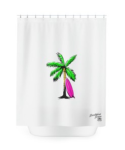 One of a Kind: Palm Trees and Surfboard Shower Curtain with a Peaceful Tropical Island Scene