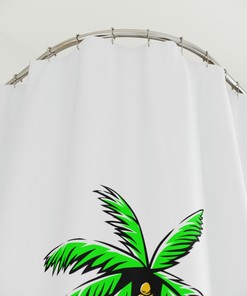 One of a Kind: Palm Trees and Surfboard Shower Curtain with a Peaceful Tropical Island Scene