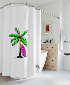 One of a Kind: Palm Trees and Surfboard Shower Curtain with a Peaceful Tropical Island Scene