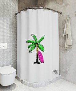 One of a Kind: Palm Trees and Surfboard Shower Curtain with a Peaceful Tropical Island Scene