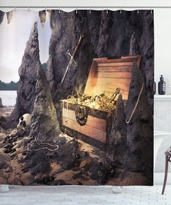 Open Treasure Chest With Pirates Shower Curtain, Charcoal Grey Amber Cloth Fabric Bathroom Decors