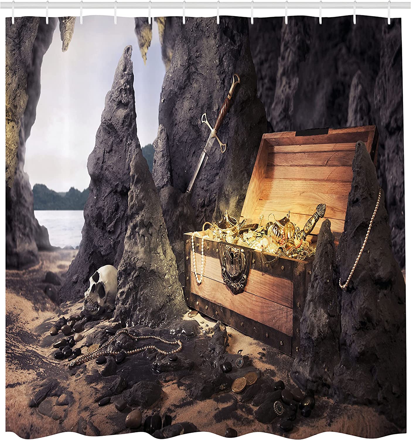 Open Treasure Chest With Pirates Shower Curtain, Charcoal Grey Amber Cloth Fabric Bathroom Decors - Image 2