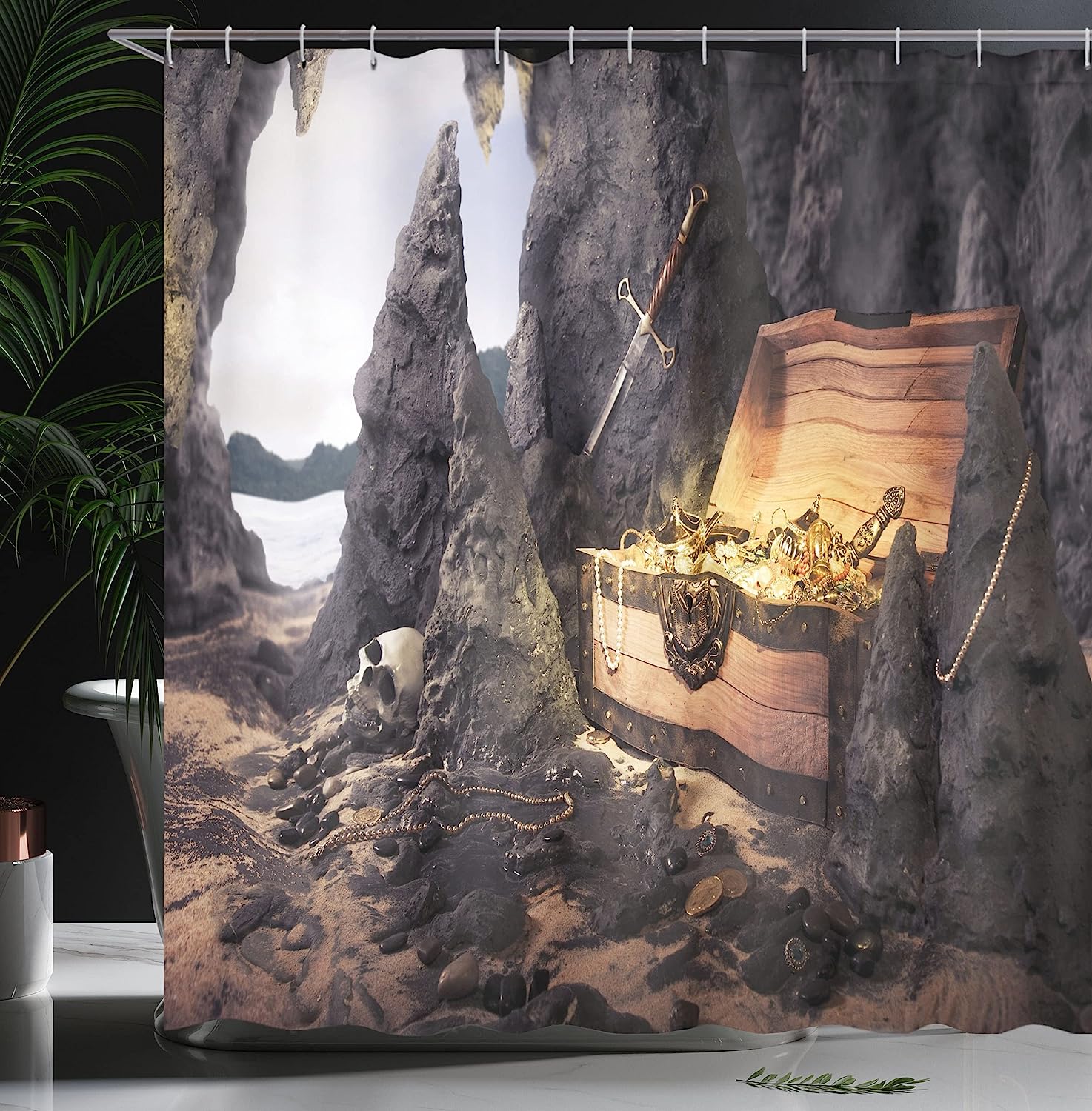 Open Treasure Chest With Pirates Shower Curtain, Charcoal Grey Amber Cloth Fabric Bathroom Decors - Image 3