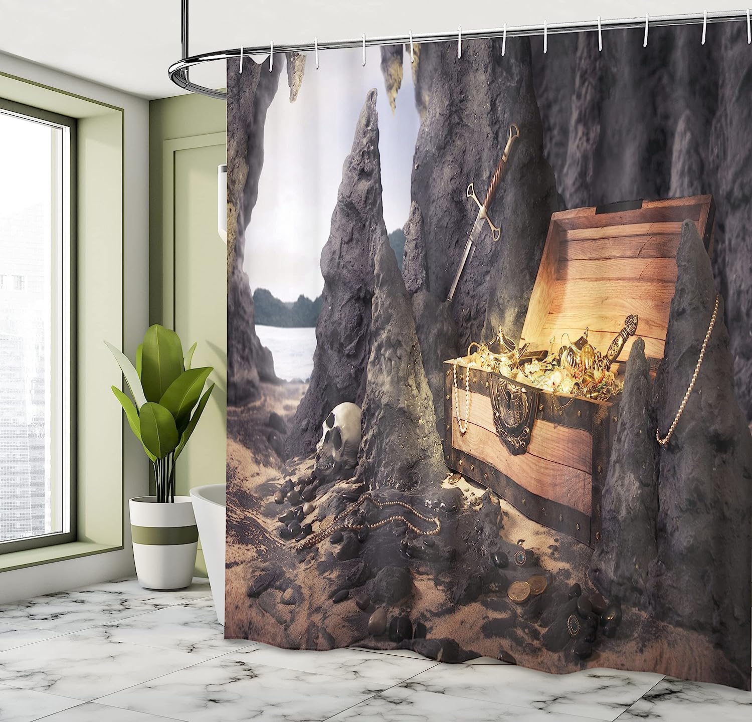 Open Treasure Chest With Pirates Shower Curtain, Charcoal Grey Amber Cloth Fabric Bathroom Decors - Image 4