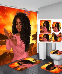 Orange And Black Bathroom Decor Set With African American Shower Curtain