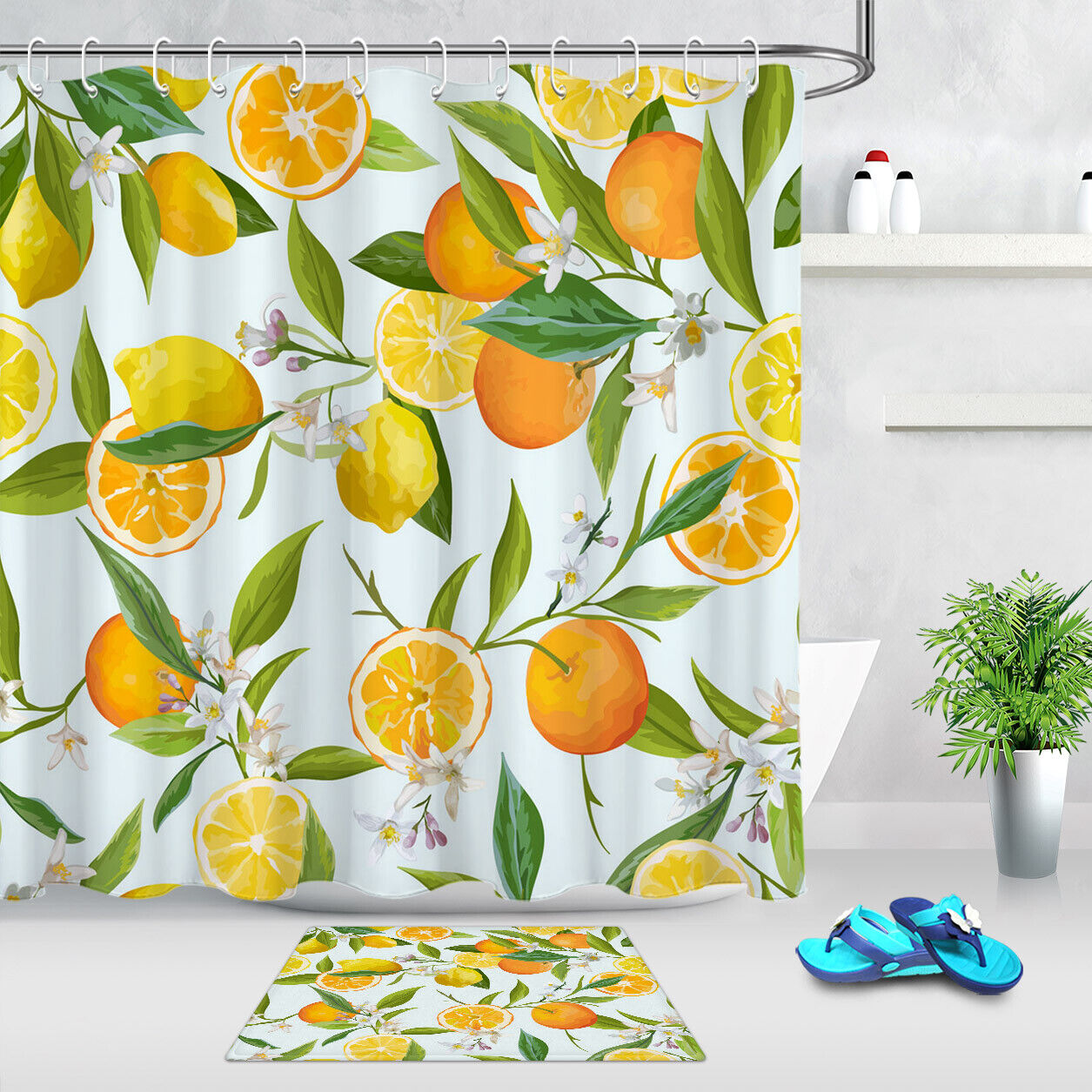 Orange And Lemon Pattern Print Fruit Shower Curtain For Bathroom