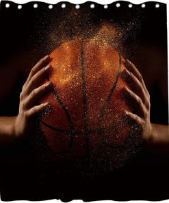 Orange Basketball Shower Curtain - Sports Golden Ball in Hand Themed - Waterproof Washable Bathroom Decor