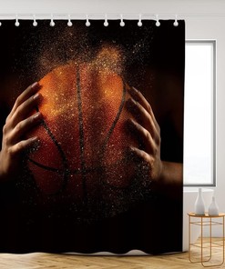 Orange Basketball Shower Curtain - Sports Golden Ball in Hand Themed - Waterproof Washable Bathroom Decor