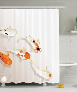 Orange Beige Koi Carps Shower Curtain, Traditional Spots Oriental Items Representing Love Nautical Theme