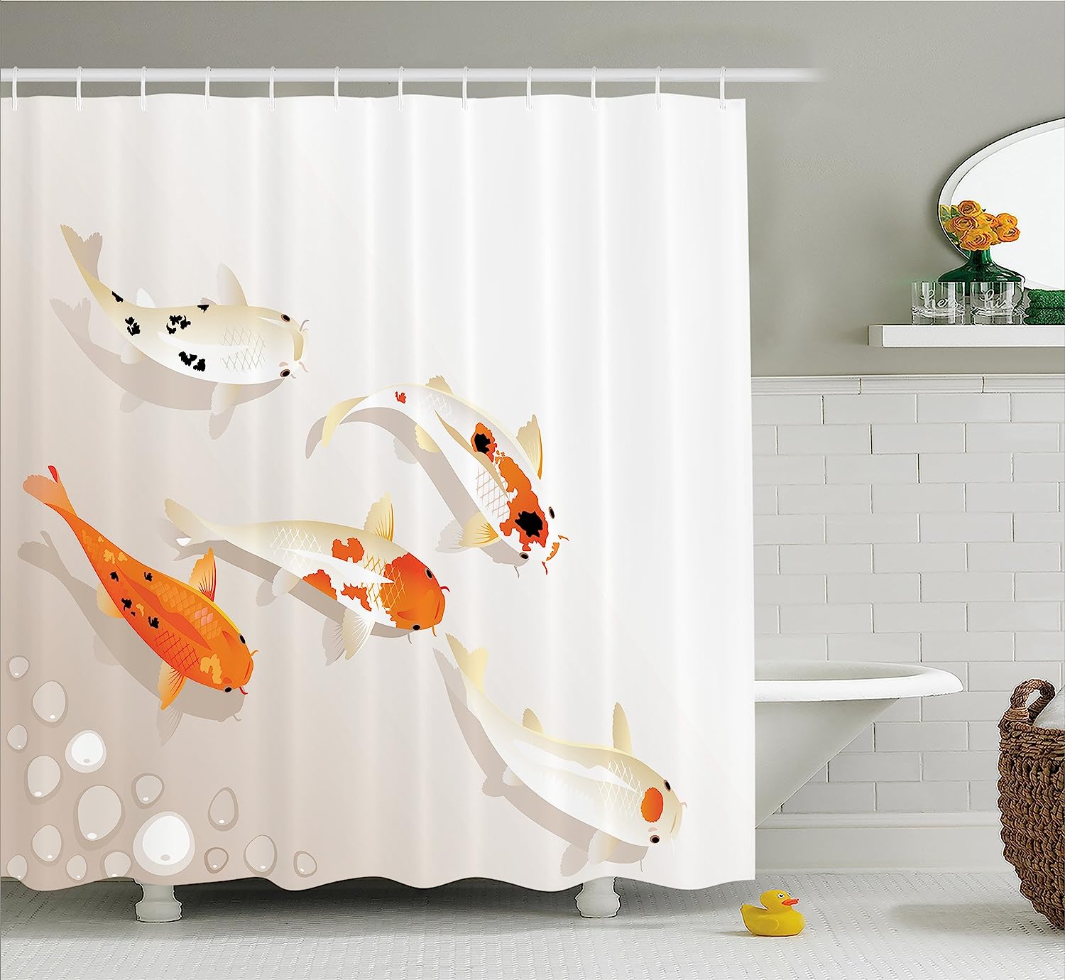 Orange Beige Koi Carps Shower Curtain, Traditional Spots Oriental Items Representing Love Nautical Theme