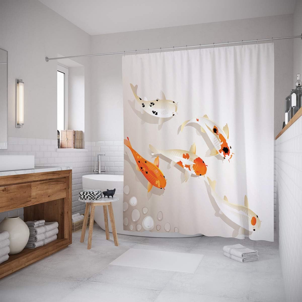 Orange Beige Koi Carps Shower Curtain, Traditional Spots Oriental Items Representing Love Nautical Theme - Image 2