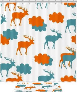 Orange Blue Deer And Cloud Silhouette Printed Bathroom Tub Set With Waterproof Fabric Shower Curtain