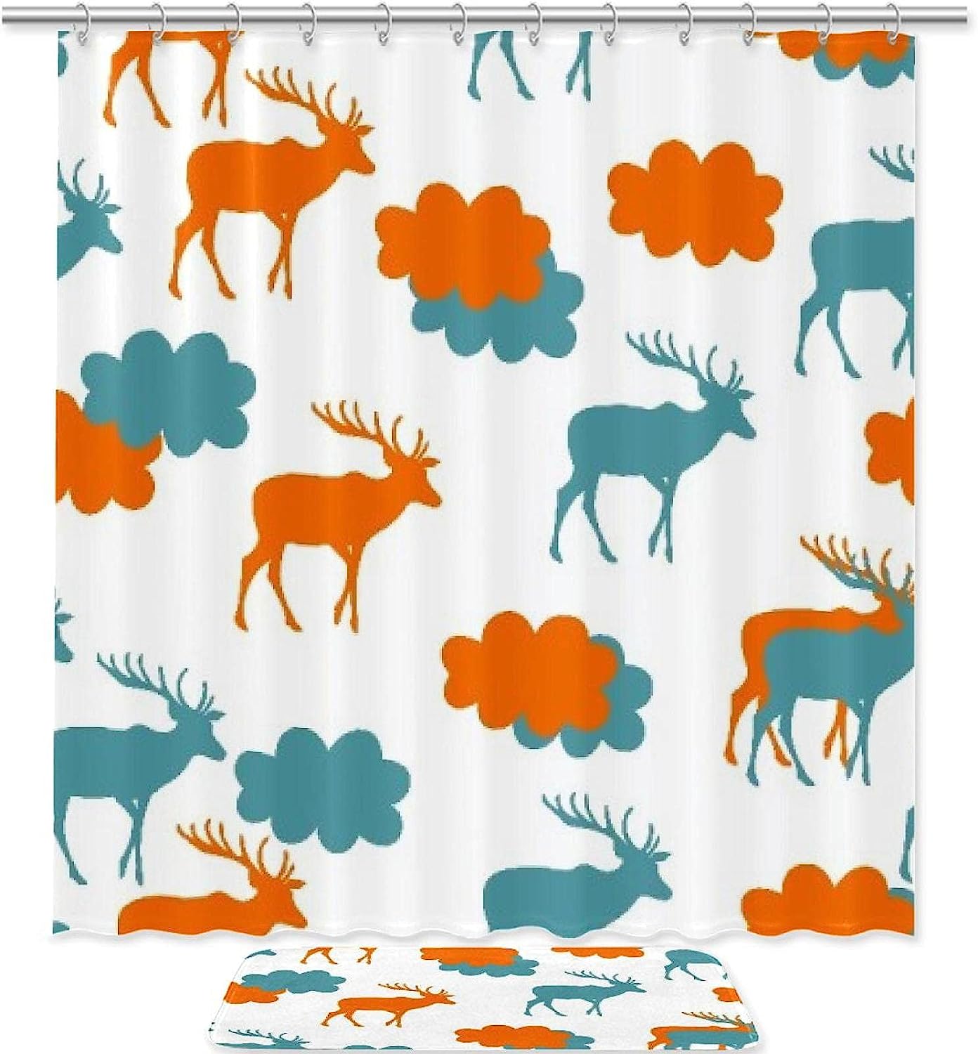 Orange Blue Deer And Cloud Silhouette Printed Bathroom Tub Set With Waterproof Fabric Shower Curtain