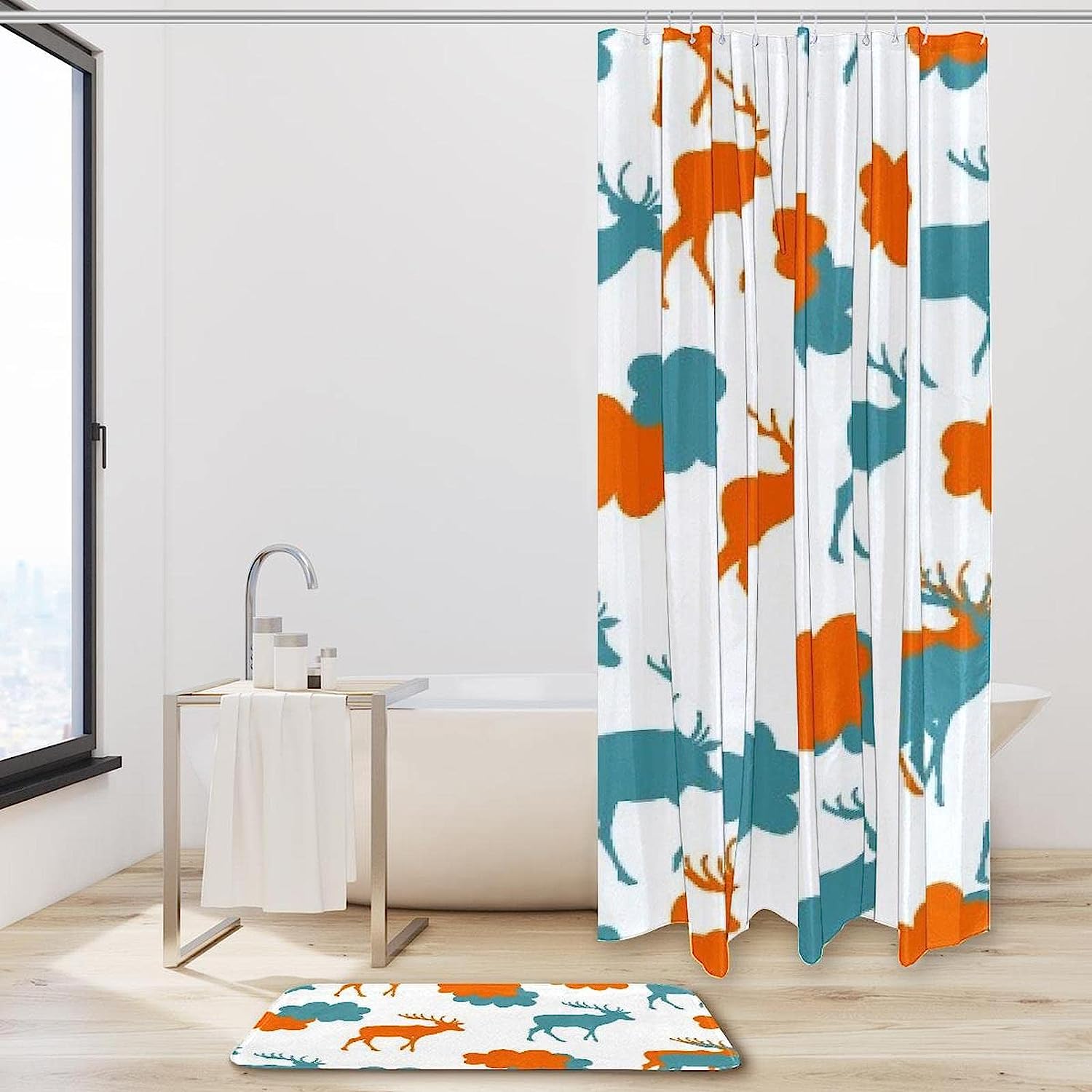 Orange Blue Deer And Cloud Silhouette Printed Bathroom Tub Set With Waterproof Fabric Shower Curtain - Image 2
