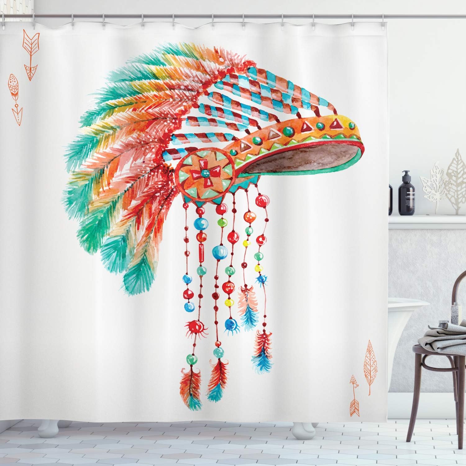 Orange Blue Watercolor Tribal Native Chief Headdress Shower Curtain