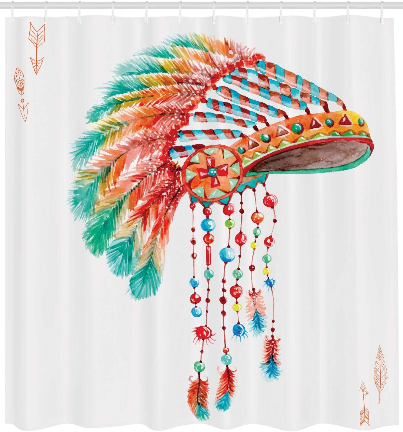 Orange Blue Watercolor Tribal Native Chief Headdress Shower Curtain - Image 2