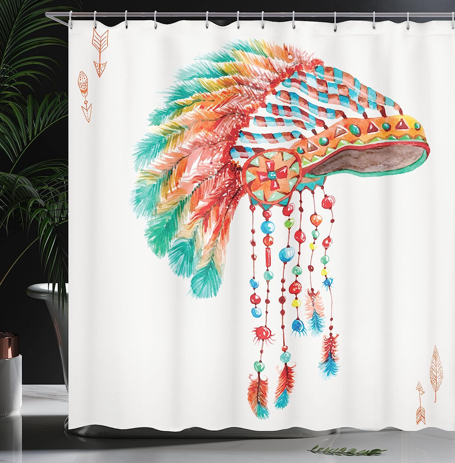 Orange Blue Watercolor Tribal Native Chief Headdress Shower Curtain - Image 3