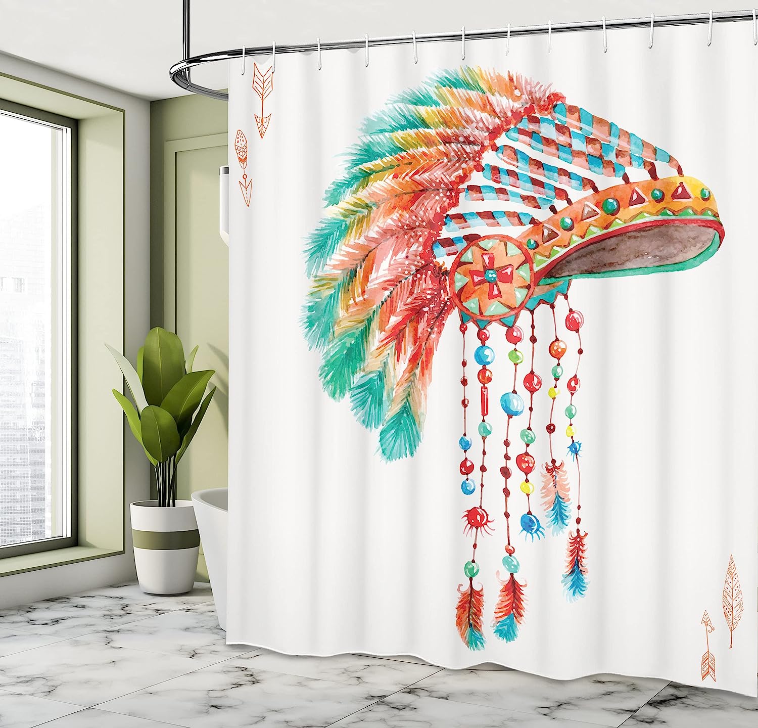 Orange Blue Watercolor Tribal Native Chief Headdress Shower Curtain - Image 4