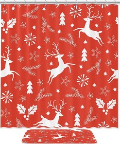 Orange Christmas Deer Elk Leaves Printed Bathroom Tub Set With Waterproof Fabric Shower Curtain